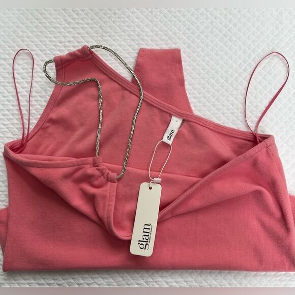 Glam One Shoulder Bodysuit in gorgeous pink with glittery straps Size L -NWT - Picture 6 of 8